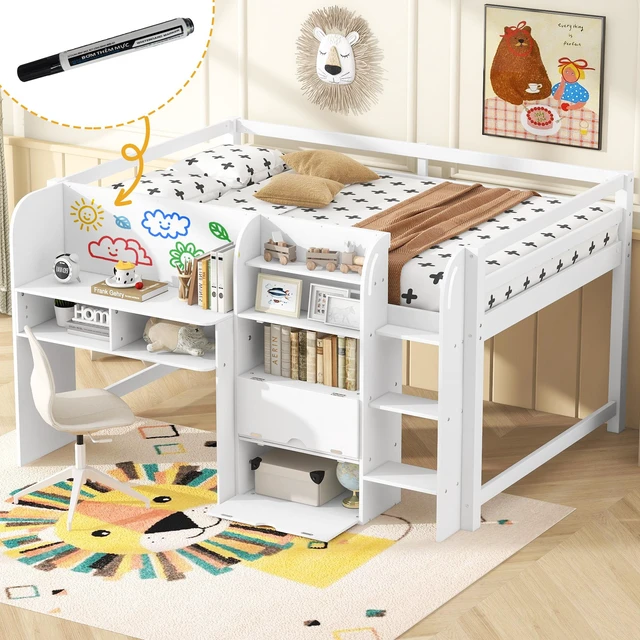 Main image of Full Size Low Loft Bed with Built-in Desk, Storage Cabinets and Open Bookcase, Whiteboard for Graffiti, White