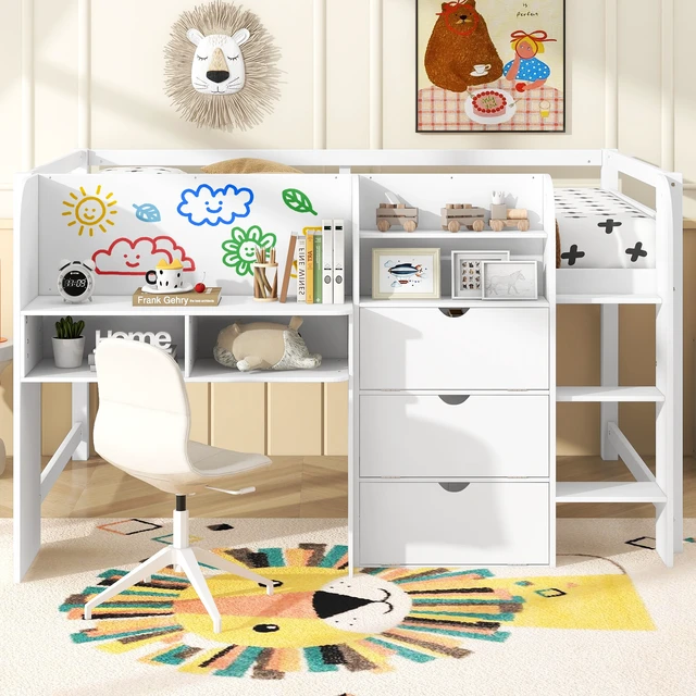 Alt view image 2 of 7 - Full Size Low Loft Bed with Built-in Desk, Storage Cabinets and Open Bookcase, Whiteboard for Graffiti, White