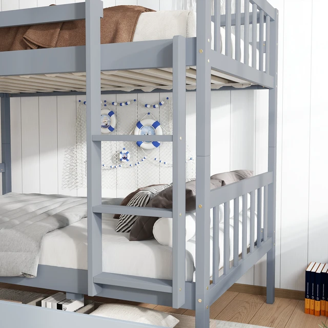Alt view image 5 of 7 - Twin Over Twin Rubber Wood Bunk Bed with 2 Drawers, Convertible into 2 Twin Beds, Twin Size Bunk Bed with Ladder and Safety Guardrails ,Grey