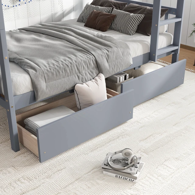 Alt view image 7 of 7 - Twin Over Twin Rubber Wood Bunk Bed with 2 Drawers, Convertible into 2 Twin Beds, Twin Size Bunk Bed with Ladder and Safety Guardrails ,Grey