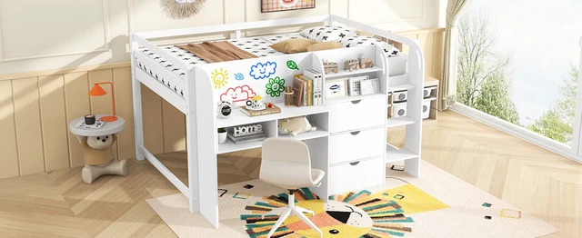 Alt view image 7 of 7 - Full Size Low Loft Bed with Built-in Desk, Storage Cabinets and Open Bookcase, Whiteboard for Graffiti, White