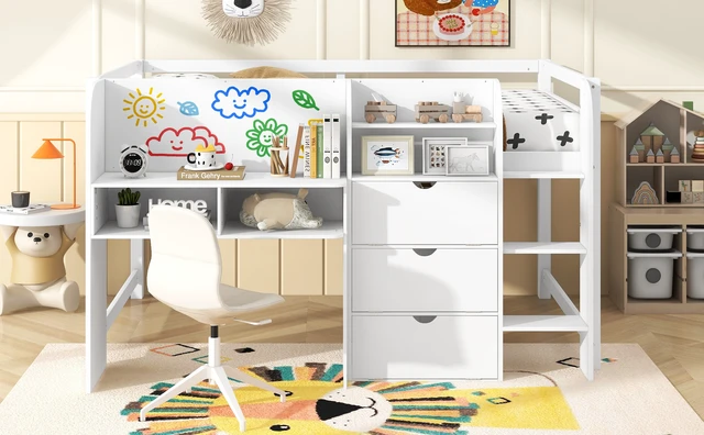 Alt view image 4 of 7 - Full Size Low Loft Bed with Built-in Desk, Storage Cabinets and Open Bookcase, Whiteboard for Graffiti, White