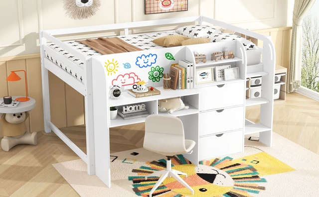 Alt view image 5 of 7 - Full Size Low Loft Bed with Built-in Desk, Storage Cabinets and Open Bookcase, Whiteboard for Graffiti, White