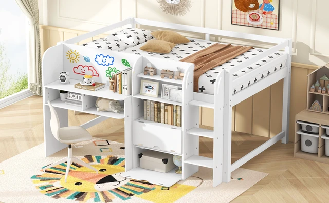 Alt view image 6 of 7 - Full Size Low Loft Bed with Built-in Desk, Storage Cabinets and Open Bookcase, Whiteboard for Graffiti, White