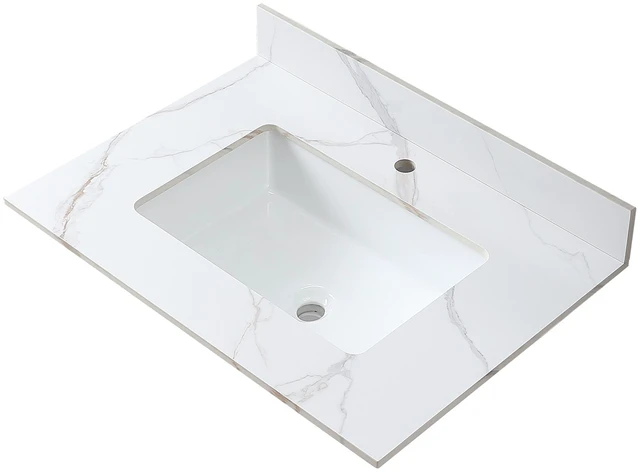 Main image of Montary 31inch bathroom stone vanity top carrara gold color with undermount ceramic sink and single faucet hole with backsplash