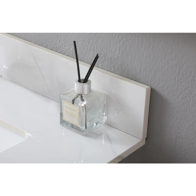 Alt view image 3 of 7 - Montary 31inch bathroom stone vanity top carrara gold color with undermount ceramic sink and single faucet hole with backsplash