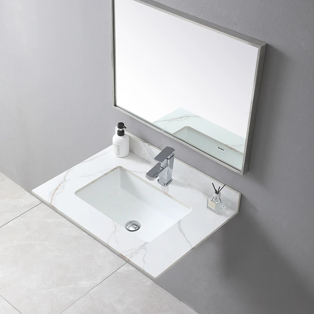 Alt view image 5 of 7 - Montary 31inch bathroom stone vanity top carrara gold color with undermount ceramic sink and single faucet hole with backsplash