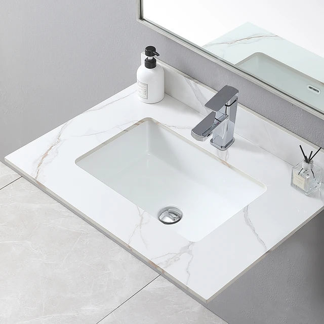 Alt view image 2 of 7 - Montary 31inch bathroom stone vanity top carrara gold color with undermount ceramic sink and single faucet hole with backsplash