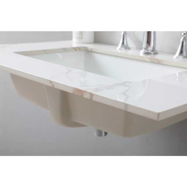 Alt view image 7 of 7 - Montary 31inch bathroom stone vanity top carrara gold color with undermount ceramic sink and single faucet hole with backsplash