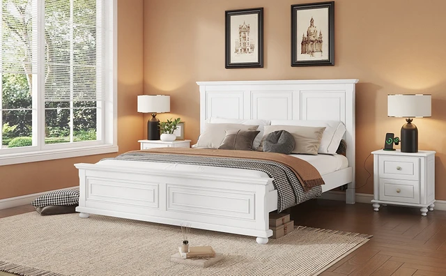 Alt view image 3 of 7 - King Size Bed With Tall Headboard, And Footboard, USB Charging Station, Pinewood Bed with Strengthened Bed Frame,White