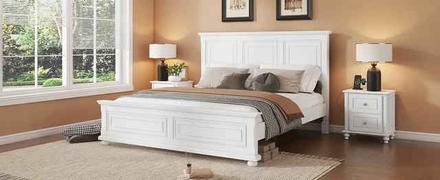 Alt view image 4 of 7 - King Size Bed With Tall Headboard, And Footboard, USB Charging Station, Pinewood Bed with Strengthened Bed Frame,White