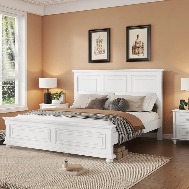 Main image of King Size Bed With Tall Headboard, And Footboard, USB Charging Station, Pinewood Bed with Strengthened Bed Frame,White