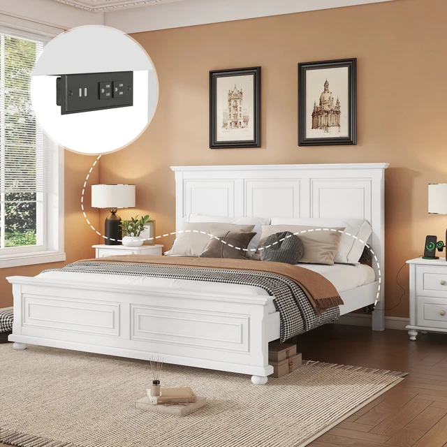 Alt view image 2 of 7 - King Size Bed With Tall Headboard, And Footboard, USB Charging Station, Pinewood Bed with Strengthened Bed Frame,White
