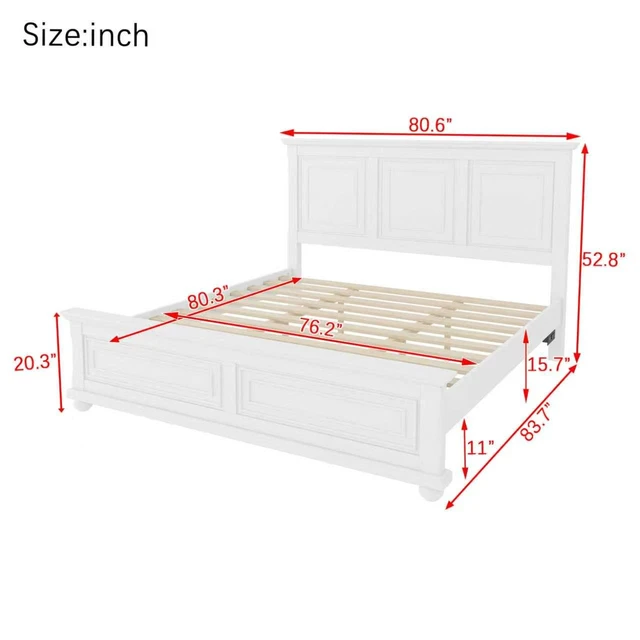 Alt view image 5 of 7 - King Size Bed With Tall Headboard, And Footboard, USB Charging Station, Pinewood Bed with Strengthened Bed Frame,White