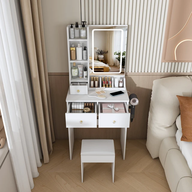 Alt view image 3 of 7 - Modern small Vanity Desk ,featuring 3 modes of LED lighting with adjustable brightness, 3 drawers and multiple open storage shelves, a hair dryer holder and power socket, and a dressing chair. white