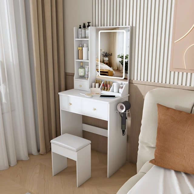 Alt view image 2 of 7 - Modern small Vanity Desk ,featuring 3 modes of LED lighting with adjustable brightness, 3 drawers and multiple open storage shelves, a hair dryer holder and power socket, and a dressing chair. white