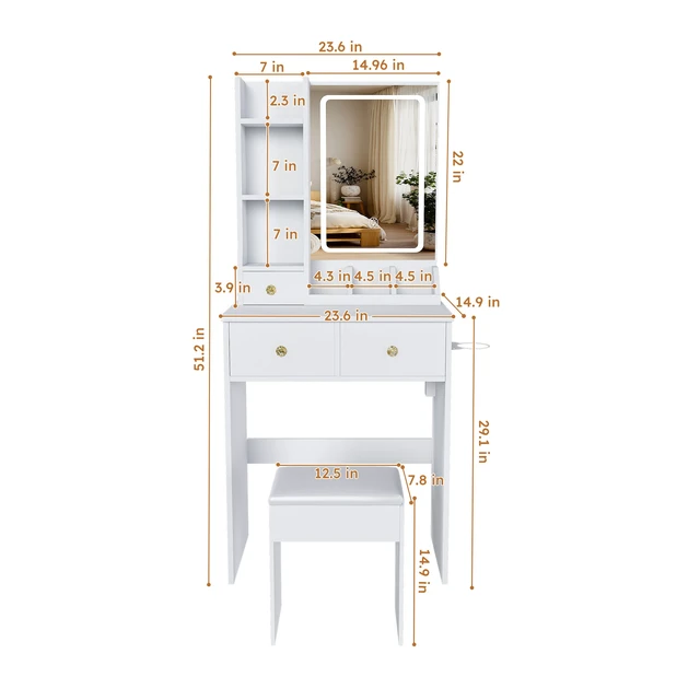 Alt view image 4 of 7 - Modern small Vanity Desk ,featuring 3 modes of LED lighting with adjustable brightness, 3 drawers and multiple open storage shelves, a hair dryer holder and power socket, and a dressing chair. white