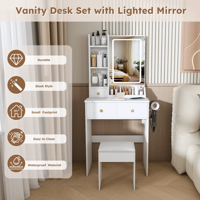 Alt view image 5 of 7 - Modern small Vanity Desk ,featuring 3 modes of LED lighting with adjustable brightness, 3 drawers and multiple open storage shelves, a hair dryer holder and power socket, and a dressing chair. white