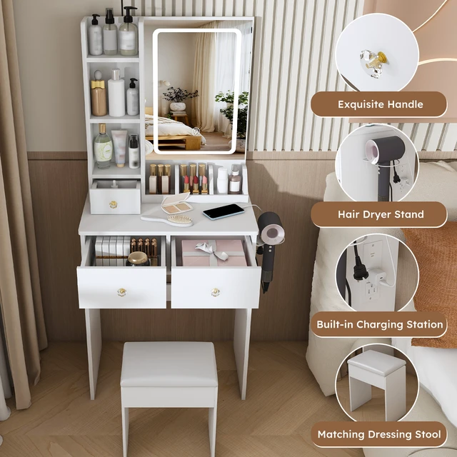 Alt view image 7 of 7 - Modern small Vanity Desk ,featuring 3 modes of LED lighting with adjustable brightness, 3 drawers and multiple open storage shelves, a hair dryer holder and power socket, and a dressing chair. white