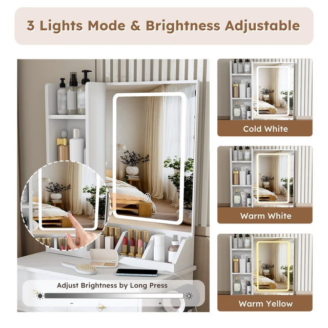 Alt view image 6 of 7 - Modern small Vanity Desk ,featuring 3 modes of LED lighting with adjustable brightness, 3 drawers and multiple open storage shelves, a hair dryer holder and power socket, and a dressing chair. white