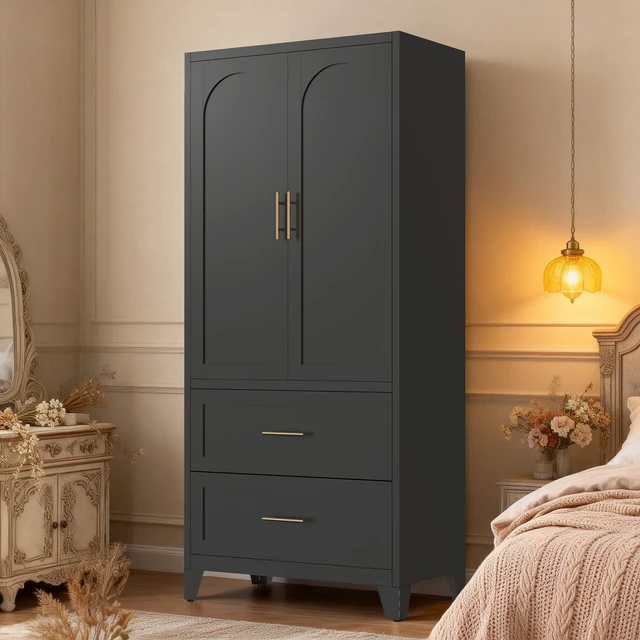 Main image of 71" Tall Metal Wardrobe Cabinet with 2 Drawers and Hanging Rod, 2 Doors Wardrobe Closet with Shelf for Bedroom, Office, Laundry Room,Entryway ,Foyer,Guesthouse (Black)