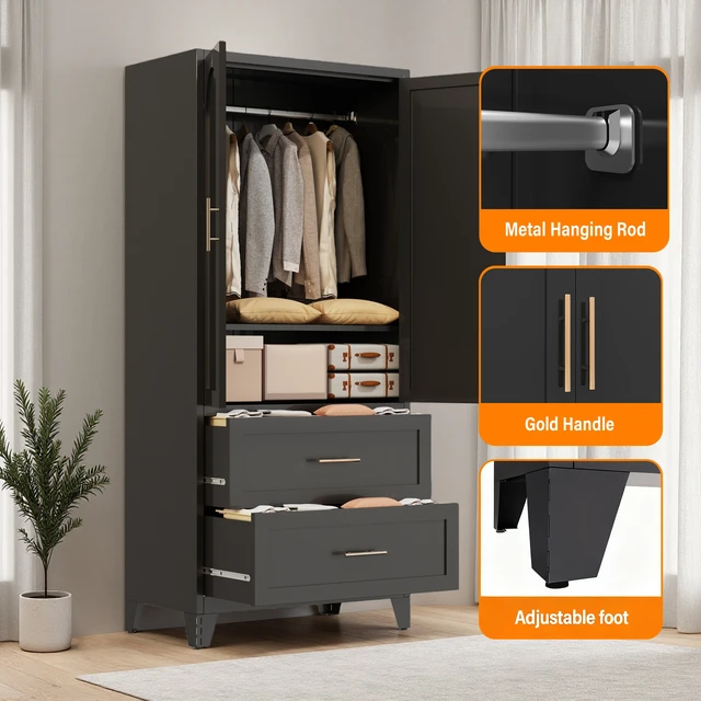 Alt view image 3 of 7 - 71" Tall Metal Wardrobe Cabinet with 2 Drawers and Hanging Rod, 2 Doors Wardrobe Closet with Shelf for Bedroom, Office, Laundry Room,Entryway ,Foyer,Guesthouse (Black)