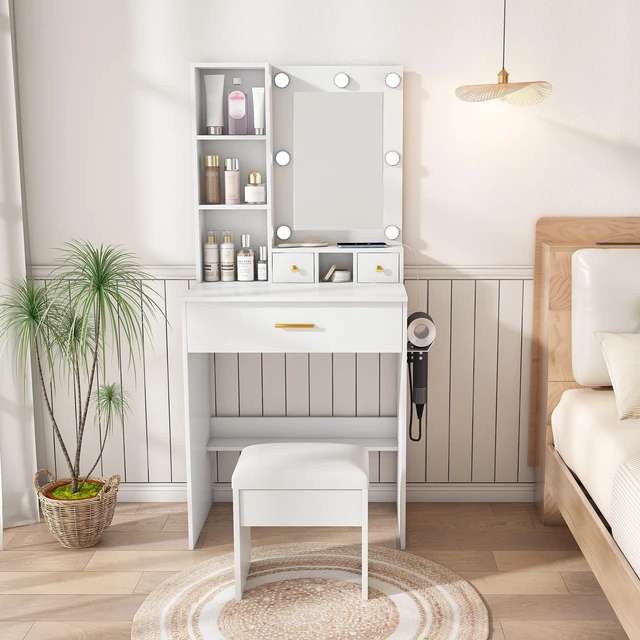 Main image of Vanity Table with Mirror & Adjustable LED Lights, Power Outlet, Hairdryer Holder & Stool Compact Dressing Desk for Small Bedrooms(White)