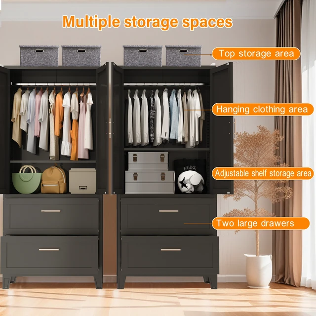 Alt view image 5 of 7 - 71" Tall Metal Wardrobe Cabinet with 2 Drawers and Hanging Rod, 2 Doors Wardrobe Closet with Shelf for Bedroom, Office, Laundry Room,Entryway ,Foyer,Guesthouse (Black)