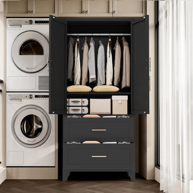 Alt view image 4 of 7 - 71" Tall Metal Wardrobe Cabinet with 2 Drawers and Hanging Rod, 2 Doors Wardrobe Closet with Shelf for Bedroom, Office, Laundry Room,Entryway ,Foyer,Guesthouse (Black)
