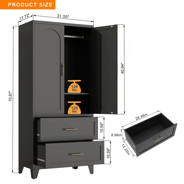 Alt view image 6 of 7 - 71" Tall Metal Wardrobe Cabinet with 2 Drawers and Hanging Rod, 2 Doors Wardrobe Closet with Shelf for Bedroom, Office, Laundry Room,Entryway ,Foyer,Guesthouse (Black)
