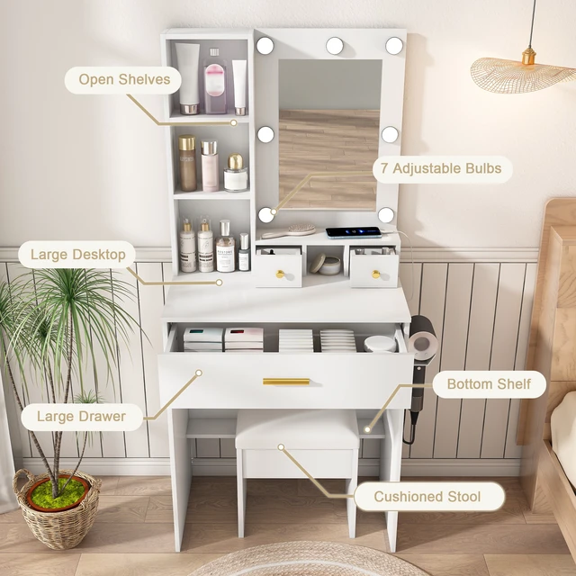 Alt view image 6 of 7 - Vanity Table with Mirror & Adjustable LED Lights, Power Outlet, Hairdryer Holder & Stool Compact Dressing Desk for Small Bedrooms(White)