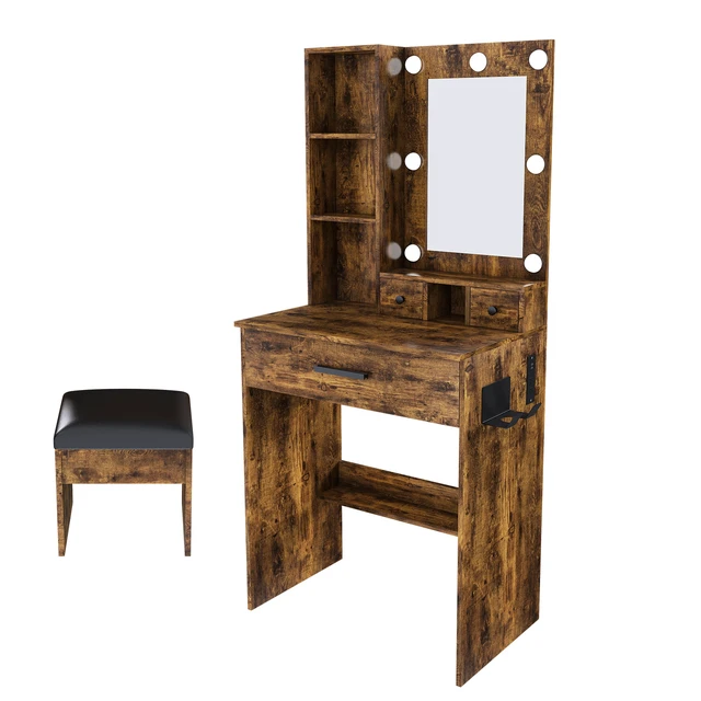 Alt view image 4 of 7 - Vanity Table with Mirror & Adjustable LED Lights, Power Outlet, Hairdryer Holder & Stool Compact Dressing Desk for Small Bedrooms(Vintage)