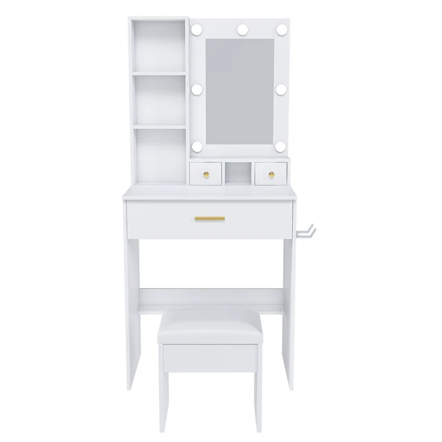 Alt view image 5 of 7 - Vanity Table with Mirror & Adjustable LED Lights, Power Outlet, Hairdryer Holder & Stool Compact Dressing Desk for Small Bedrooms(White)