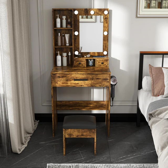 Main image of Vanity Table with Mirror & Adjustable LED Lights, Power Outlet, Hairdryer Holder & Stool Compact Dressing Desk for Small Bedrooms(Vintage)