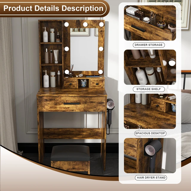 Alt view image 6 of 7 - Vanity Table with Mirror & Adjustable LED Lights, Power Outlet, Hairdryer Holder & Stool Compact Dressing Desk for Small Bedrooms(Vintage)