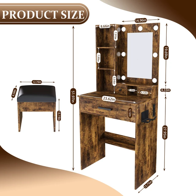 Alt view image 3 of 7 - Vanity Table with Mirror & Adjustable LED Lights, Power Outlet, Hairdryer Holder & Stool Compact Dressing Desk for Small Bedrooms(Vintage)