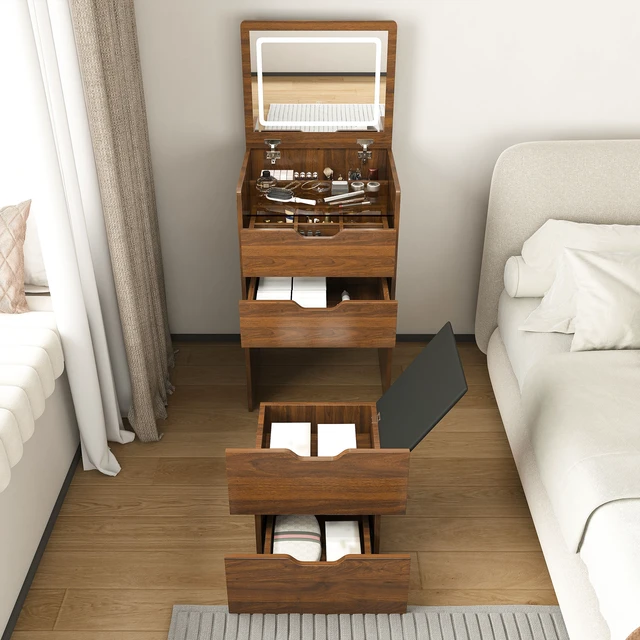 Alt view image 2 of 7 - 3-in-1 Vanity Desk with Lighted Mirror & Stool, Flip Top Makeup Dressing Table, Compact Storage for Bedroom, Bathroom, Dressing Room(18.9"L, Walnut)