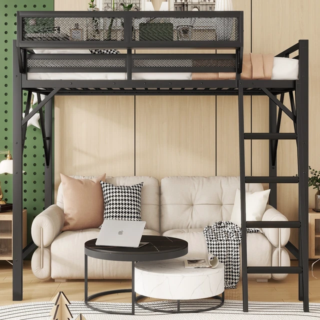 Alt view image 2 of 6 - Queen Size Loft Bed with Ladder, Metal Queen Loft Bed with Storage Shelves, High Loft Bed for Kids Teens, Black