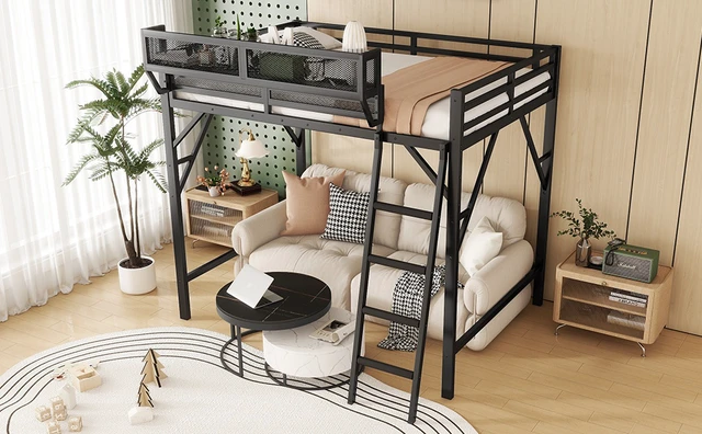 Alt view image 5 of 6 - Queen Size Loft Bed with Ladder, Metal Queen Loft Bed with Storage Shelves, High Loft Bed for Kids Teens, Black