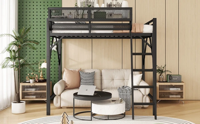 Alt view image 6 of 6 - Queen Size Loft Bed with Ladder, Metal Queen Loft Bed with Storage Shelves, High Loft Bed for Kids Teens, Black