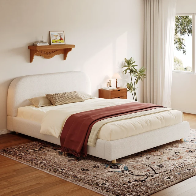 Main image of Queen Size Upholstered Bed With Boucle Fabric,Curved-Shape Design Thick Headboard, Solid Wood Legs,White