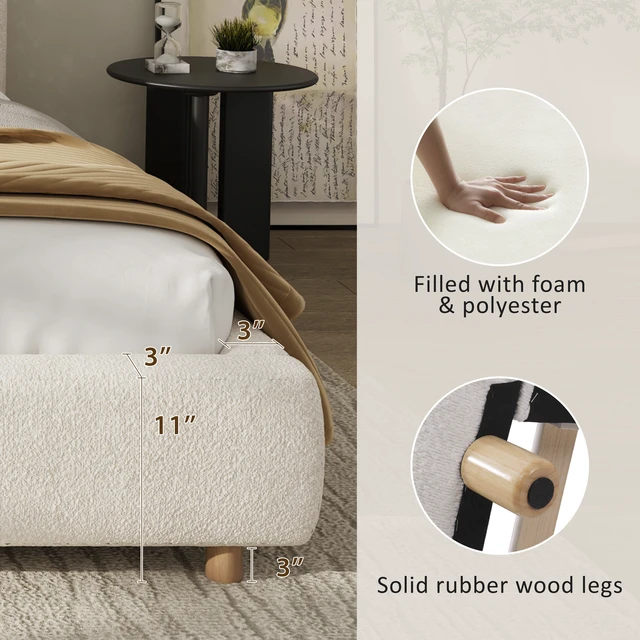 Alt view image 5 of 7 - Queen Size Upholstered Bed With Boucle Fabric,Curved-Shape Design Thick Headboard, Solid Wood Legs,White