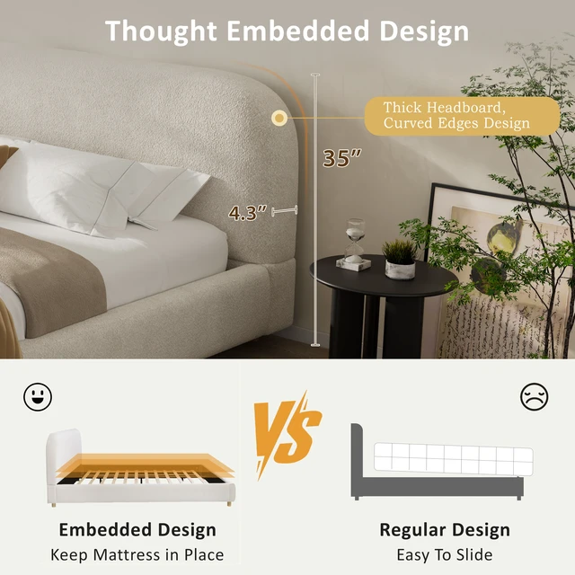 Alt view image 6 of 7 - Queen Size Upholstered Bed With Boucle Fabric,Curved-Shape Design Thick Headboard, Solid Wood Legs,White
