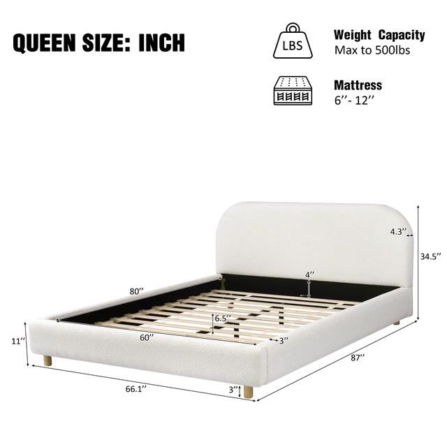 Alt view image 4 of 7 - Queen Size Upholstered Bed With Boucle Fabric,Curved-Shape Design Thick Headboard, Solid Wood Legs,White