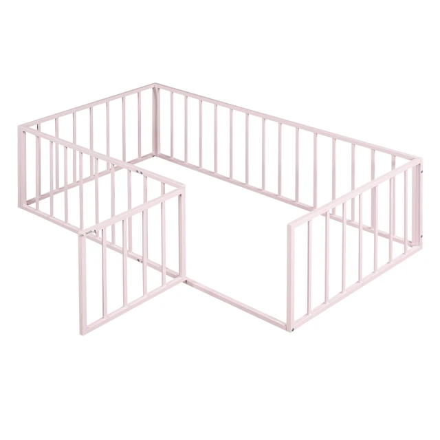 Alt view image 3 of 7 - Twin Size Metal Floor Bed Frame with Fence and Door, Pink