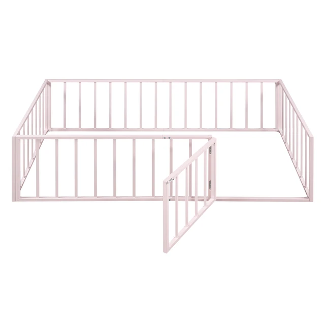 Alt view image 5 of 7 - Twin Size Metal Floor Bed Frame with Fence and Door, Pink