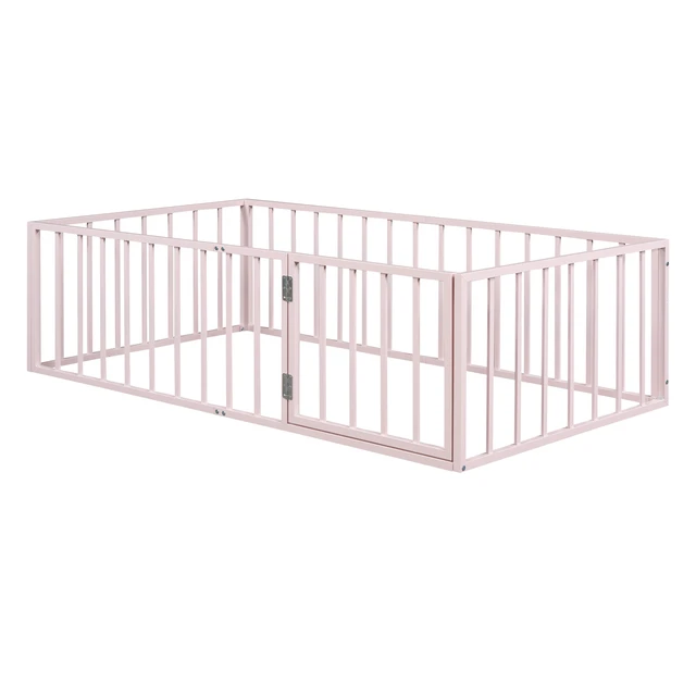 Alt view image 4 of 7 - Twin Size Metal Floor Bed Frame with Fence and Door, Pink