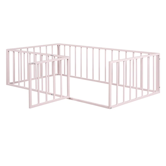 Alt view image 6 of 7 - Twin Size Metal Floor Bed Frame with Fence and Door, Pink