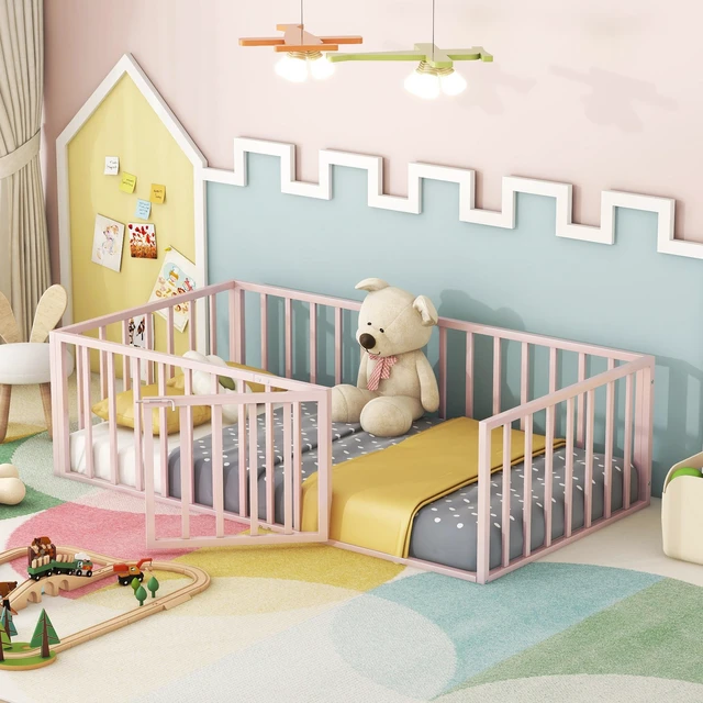 Main image of Twin Size Metal Floor Bed Frame with Fence and Door, Pink