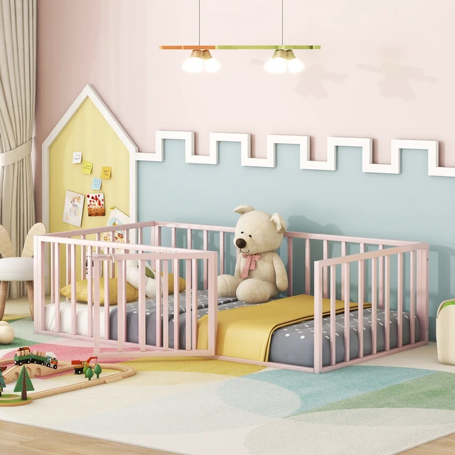 Alt view image 2 of 7 - Twin Size Metal Floor Bed Frame with Fence and Door, Pink